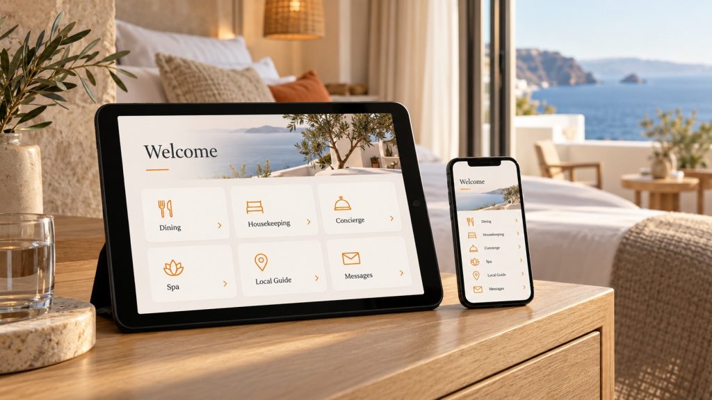 Tablet και κινητό με ενδεικτική προβολή υπηρεσιών φιλοξενίας σε δωμάτιο ξενοδοχείου